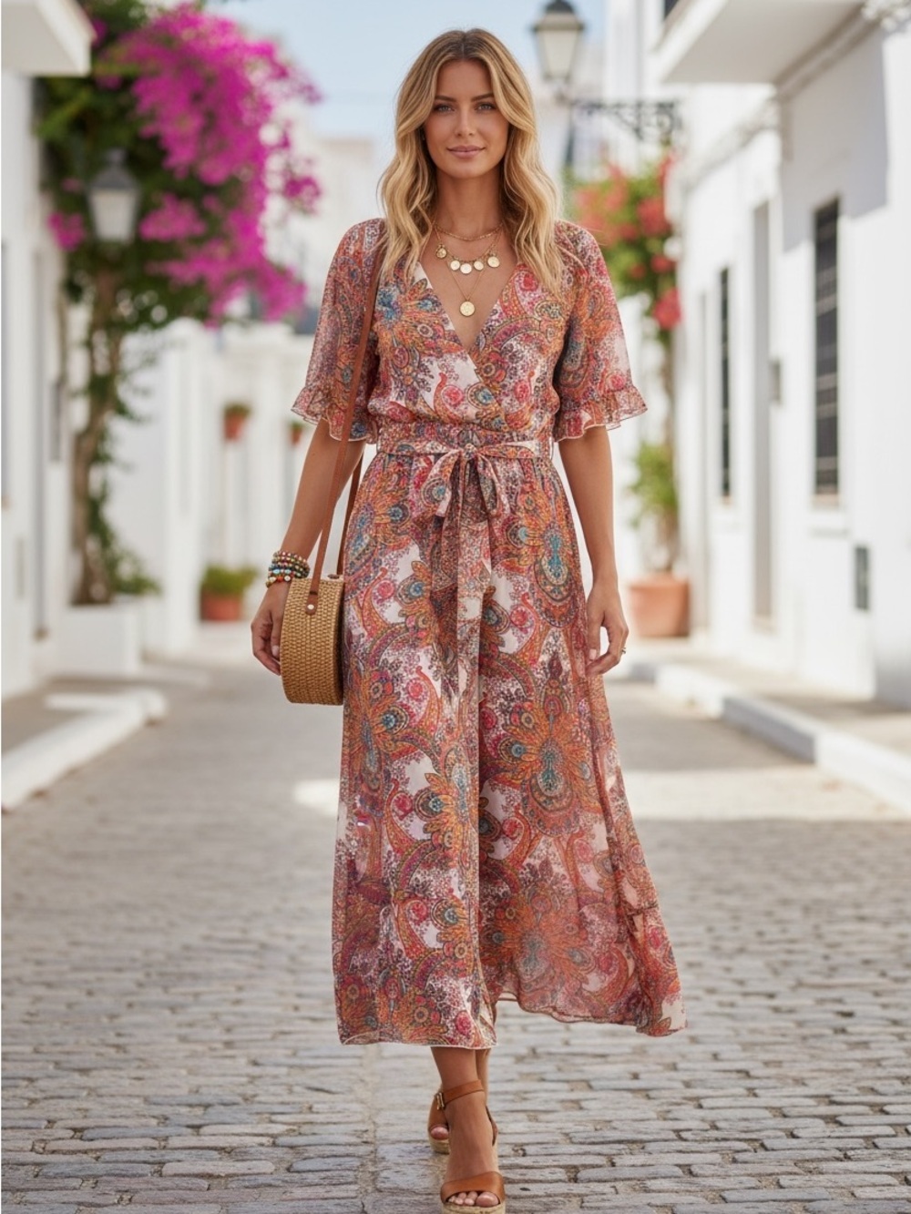 Kate & Lily Boho Paisley Tie Waist Vibrant Short Open Sleeve Flowy Midi Dress